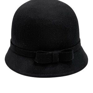 cloche bowler hat with a bow accent, black wool felt one size